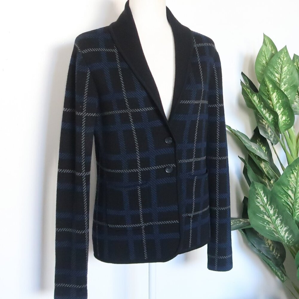 Margaret O'Leary Black Plaid Merino Wool Knit Long Sleeve Cardigan Sweater